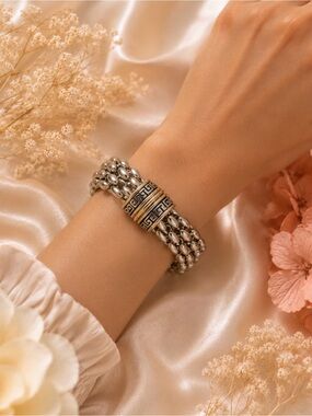 Designer Inspired Chunky Silver & Gold Toned Greek Symbol Magnetic Bracelet
